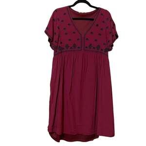 Polagram Burgundy Boho Embroidered Boho Short Sleeve Babydoll Dress Womens S
